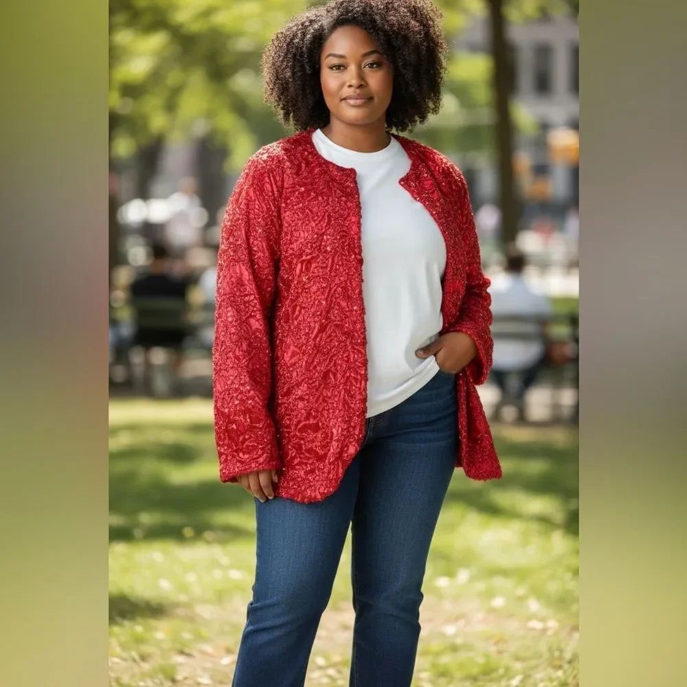 Jasmine Red Crinkle Ruffled Sequin Long Sleeve Jacket 3X
